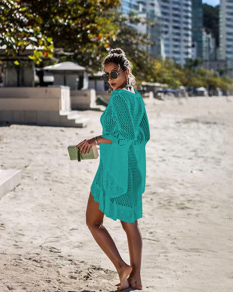 Hollow-out Sun Protection Shirt Bell Sleeve Beach Cover-up Bikini Cover  Hot Knitwear Swimsuit