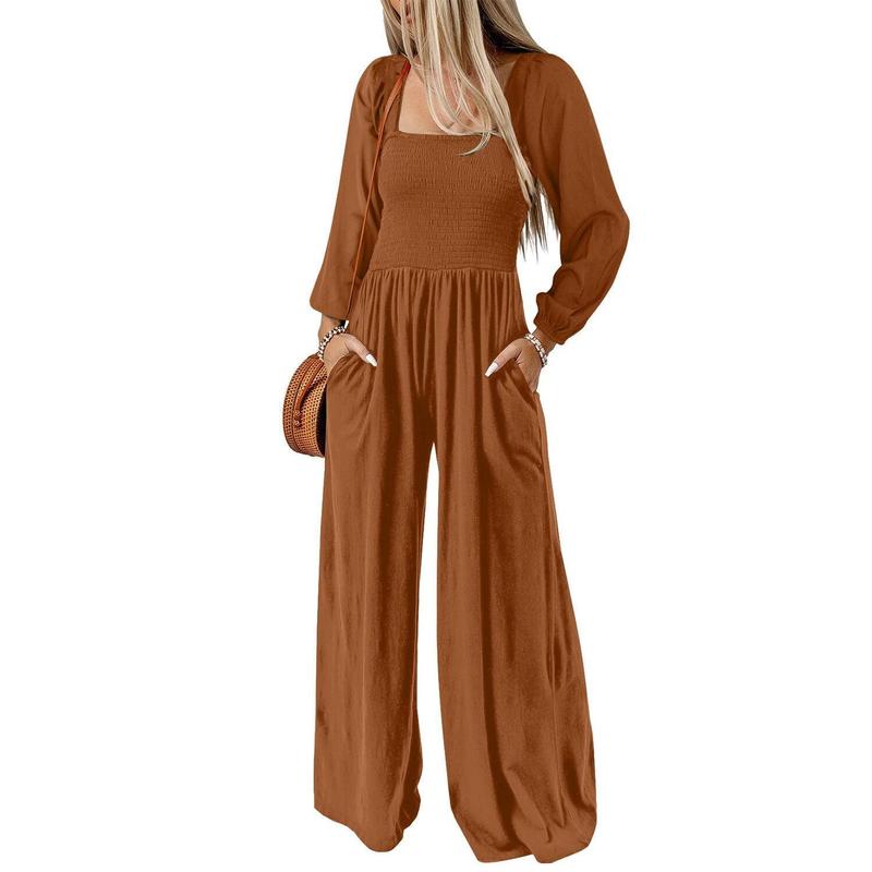 Women's Plain Ruched Shirred Pocket Wide Leg Jumpsuit, Casual Bishop Sleeve Square Neck Jumpsuit for Spring & Fall, Ladies Clothes for Daily Wear - Seldom Seen Styles