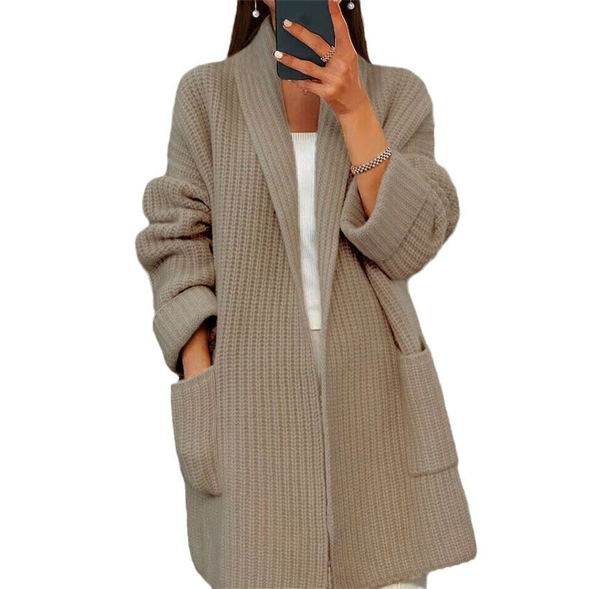 Foreign trade women's clothing2024Autumn and Winter New Women's Thickened Solid ColorVCollar Knitted Cardigan Loose Pockets Sweater Coat