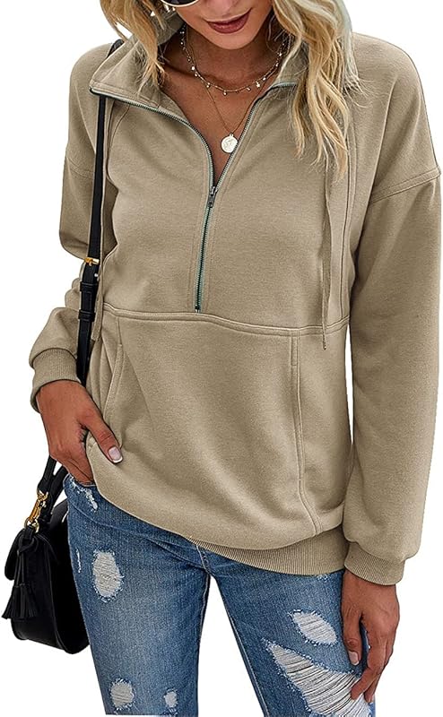 PRETTYGARDEN Women Casual Long Sleeve Lapel Zipper Sweatshirt Drawstring Loose Pullover Tops