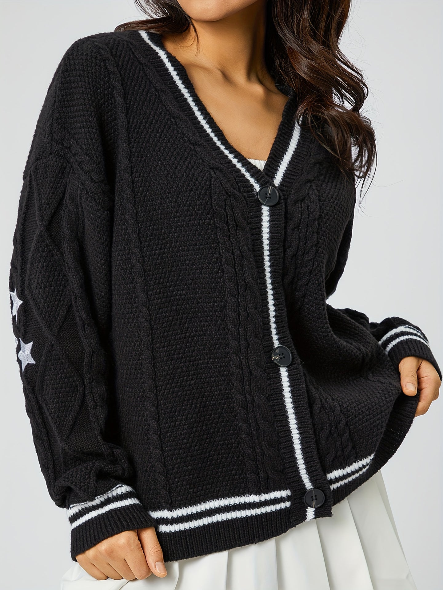 Women's Star & Letter Embroidery Textured Button Front Cable Knit Cardigan, Casual Drop Shoulder Long Sleeve V Neck Cardigan, Women's Knitwear for Fall & Winter - Seldom Seen Styles