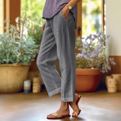Leinenhose Damen Sommer Elastische Taille Gerades Bein Übergröße Crop Pants Lässige Strandhose mit Taschen