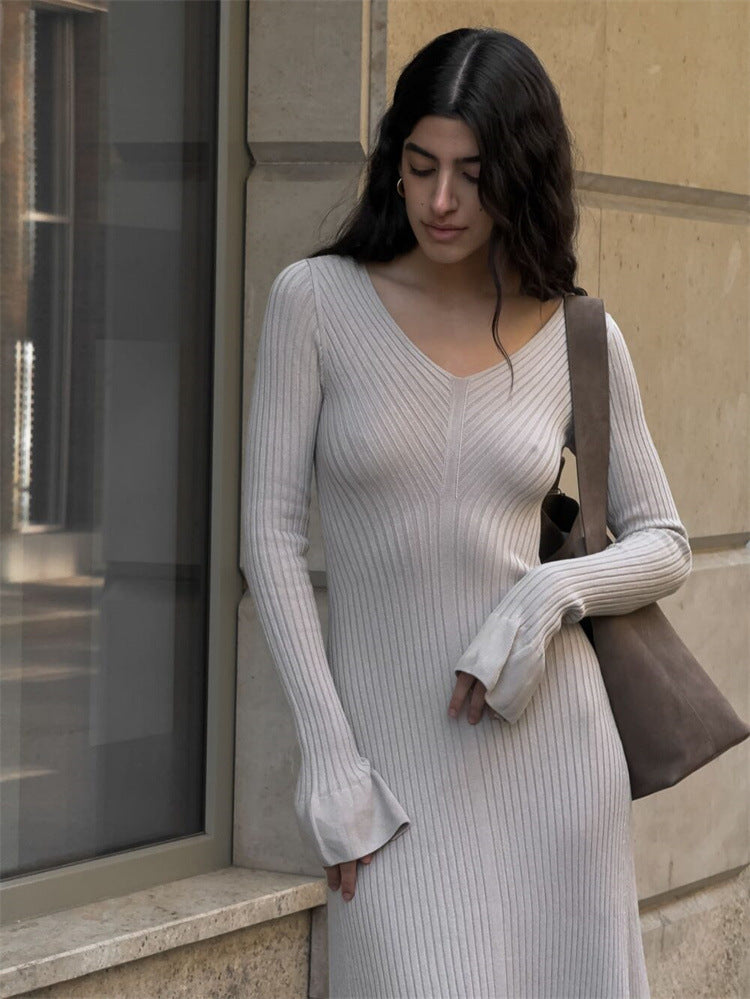 Retro V-neck Inner Knitted Dress Women's Europe and America Cross Border 2024 Autumn and Winter Tight Waist Slimming Sweater Dress