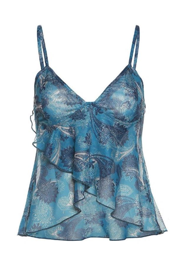 Women's Blue Mesh Cami Top Floral Ruffle Sheer Spaghetti Strap Tank Top - Seldom Seen Styles
