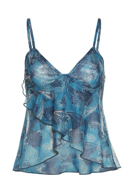 Women's Blue Mesh Cami Top Floral Ruffle Sheer Spaghetti Strap Tank Top