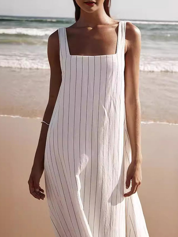 A-Line Loose Striped Square-Neck Maxi Dresses - Seldom Seen Styles