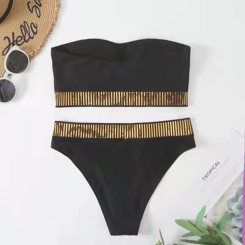 metallic swimsuit black bikini Solid Color High-waisted Two-piece Bikini Women's Swimwear - Seldom Seen Styles