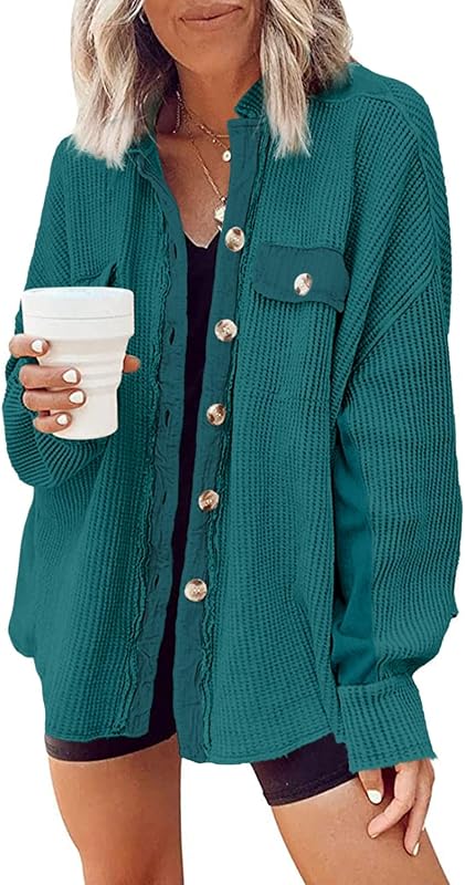 Yanekop Womens Waffle Knit Shacket Oversized Shirt Jacket Button Down Blouse Loose Fit Long Sleeve Tops