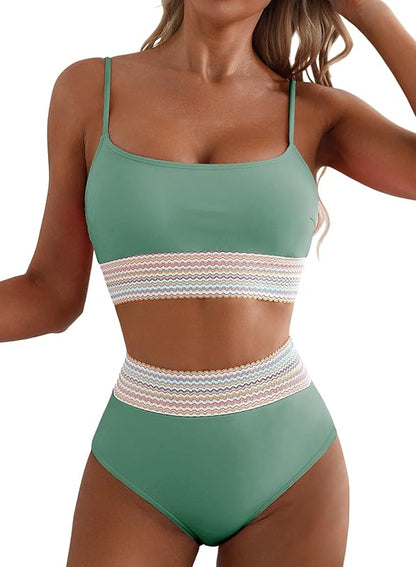 Women's Bikini Sets Colorblock Trim 2 Piece High Waisted Swimsuit Scoop Neck Adjustable Spaghetti Straps Bathing Suit - Seldom Seen Styles