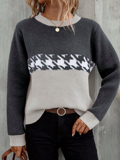 Spring Autumn Contrast Color Pullover round Neck Knitted Sweater Fashion Geometry Pattern Pattern Jacquard TopWomen's Clothing