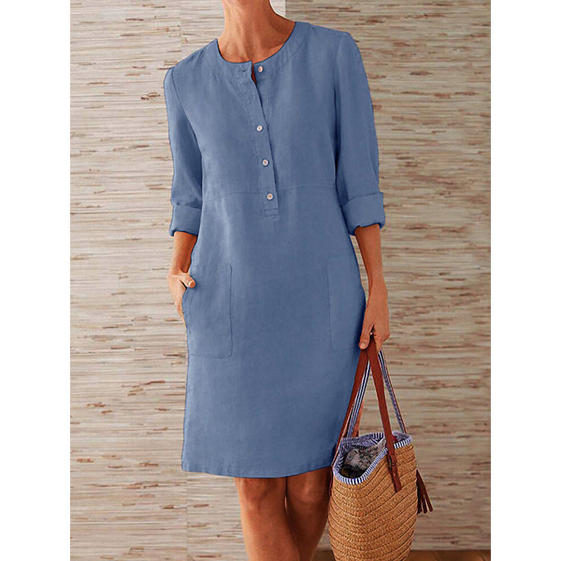 2024Cross-Border Spring New Amazon AliExpress Popular plus Size Women's Clothing Cotton and Linen round-Neck Long-Sleeved Dress