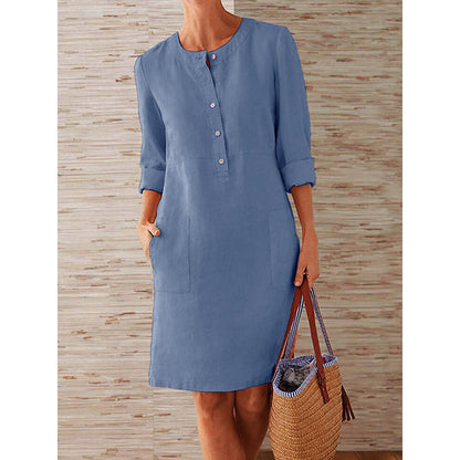 Spring New Popular plus Size Women's Clothing Cotton and Linen round-Neck Long-Sleeved Dress