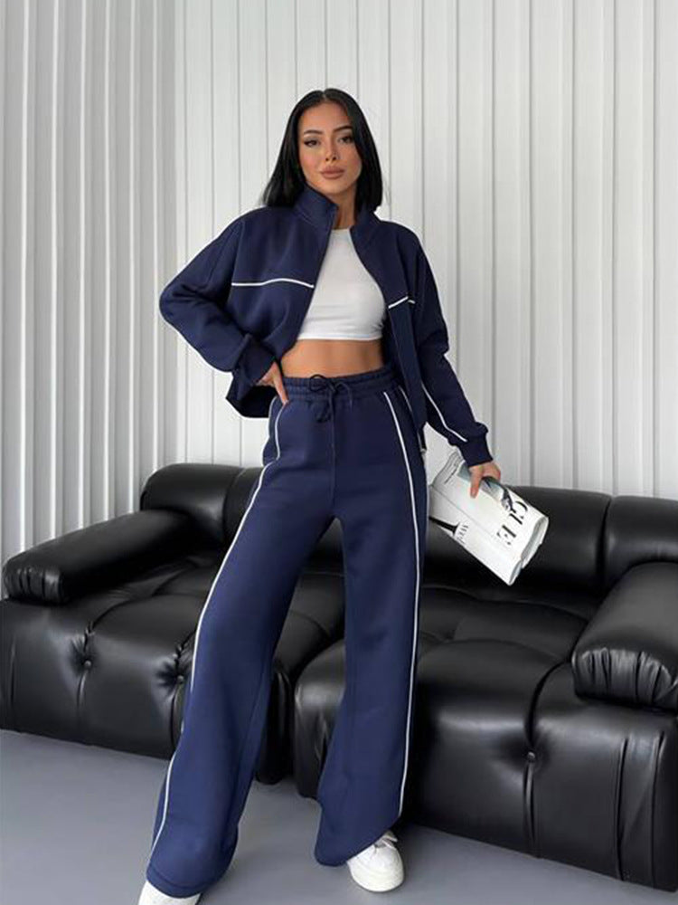 Women Solid Comfortable Basic 2 Piece With/Without Fleece Sweatsuits,Round Neck Zipper Top Coat & Pocket Pants Set Travel Outfits,New Soft Causal Sportwear Tracksuit - Seldom Seen Styles