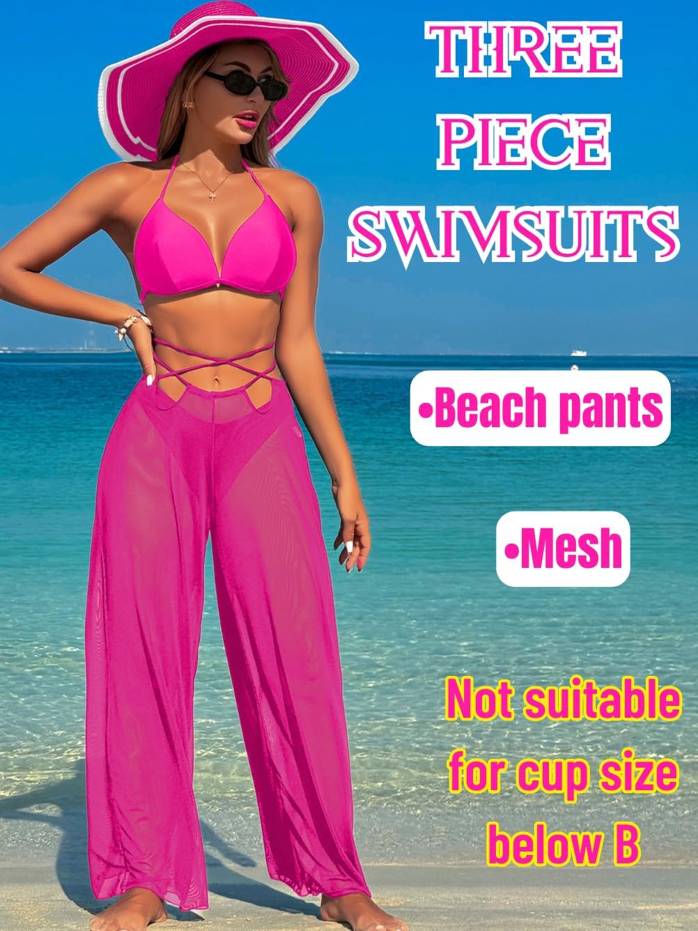 3 Piece Bikini Sets with Mesh Cover Up Pants, Halter Cheeky Thong Swimsuits, Sexy Bathing Suits for Women - Seldom Seen Styles