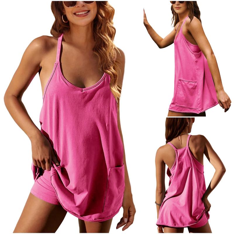 Women's Summer Sleeveless Mini Dress V Neck Spaghetti Straps Athletic Built-in Shorts Sundress