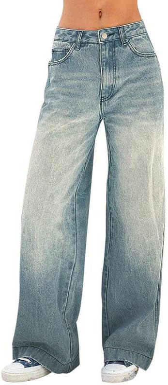 Women's 2025 Wide Leg Jeans Distress Mid Waist Denim Pants Vintage Y2K Trousers - Seldom Seen Styles