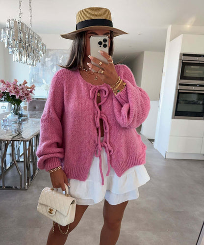 round Neck Tied Knitted Cardigan Jacket Autumn  Winter New Solid Color Commute Simple Sweater Women