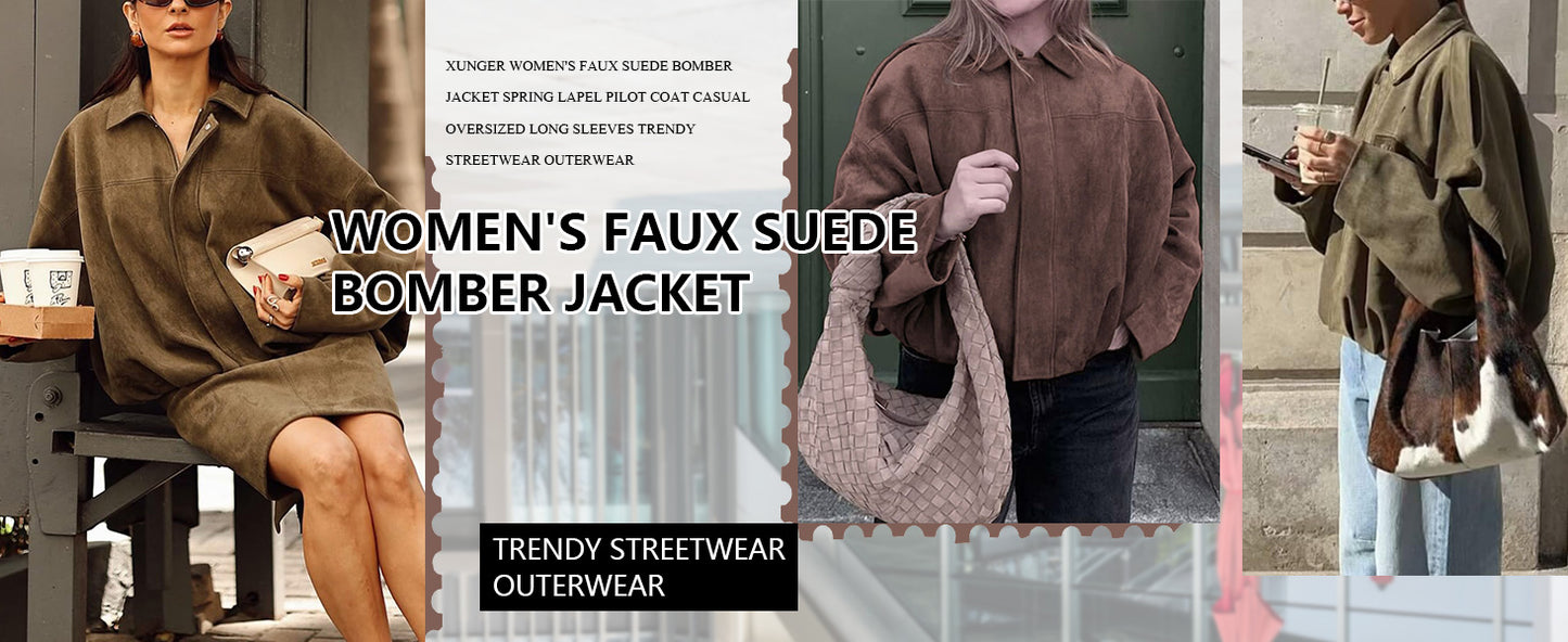 Women's Faux Suede Bomber Jacket Spring Lapel Pilot Coat Casual Oversized Long Sleeves Trendy Streetwear Outerwear - Seldom Seen Styles