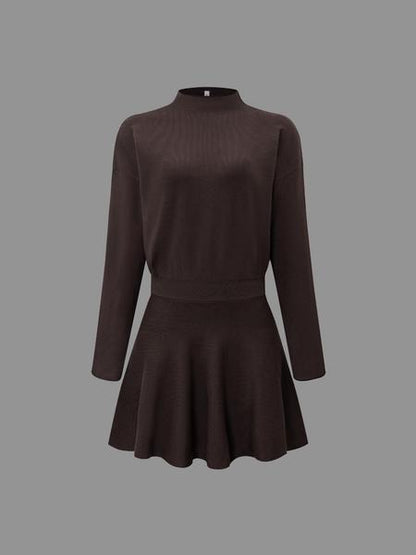 Women's Casual Half-High Neck Long Sleeve Knit Dress, Plain Color Loose-Fitting Sweater Dress, Fall & Winter Fashion - Seldom Seen Styles