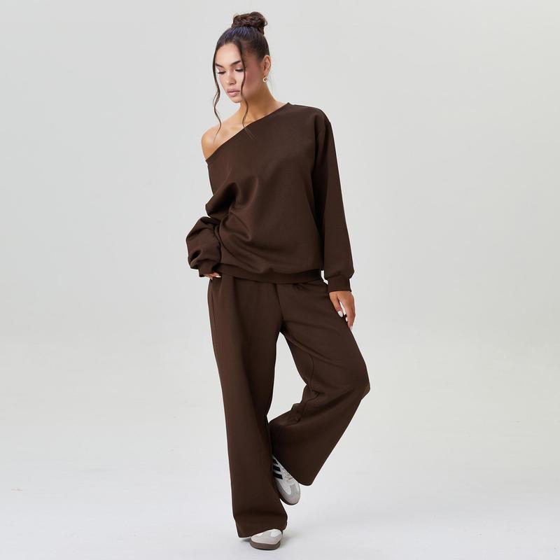 Women's Leisure Solid Color Sloping Shoulder Long Sleeve Top & Wide Leg Trousers Co-ord, Cozy Scoop Neck Loose Two Piece Outfits, Basic Womenswear - Seldom Seen Styles