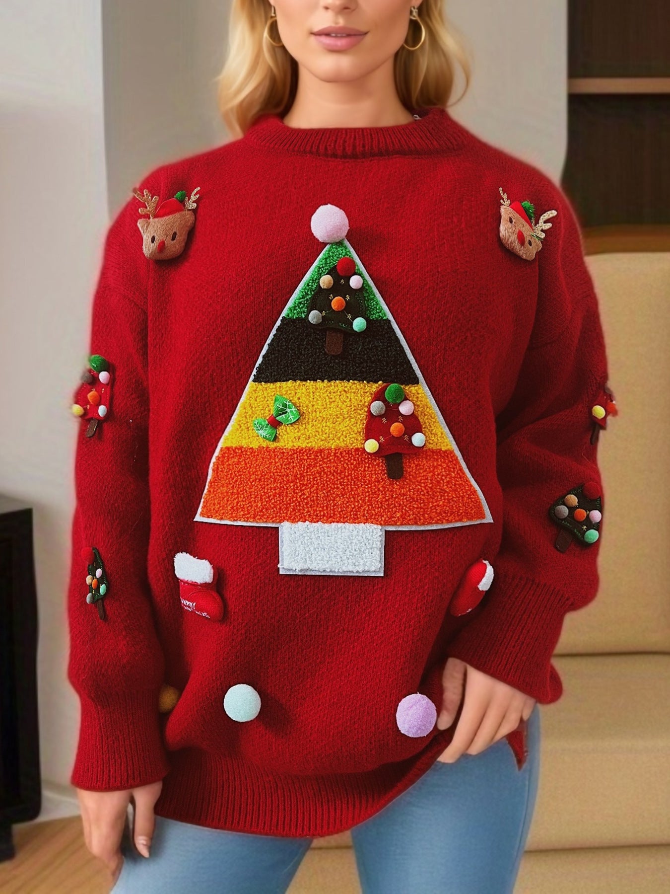 2024New Christmas Wear Match Sweater Cute Christmas Tree Decorative Top