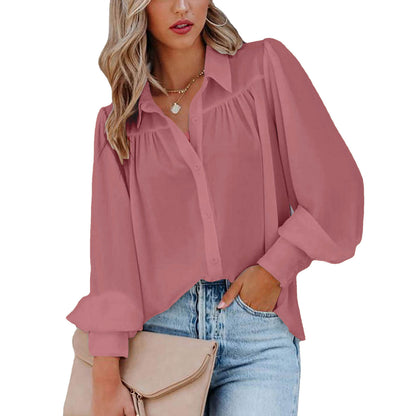 2024Cross-Border wish Amazon Button Top Lantern Sleeve Pleated Solid Color Stand Collar Loose Shirt Long Sleeve Women's Clothing