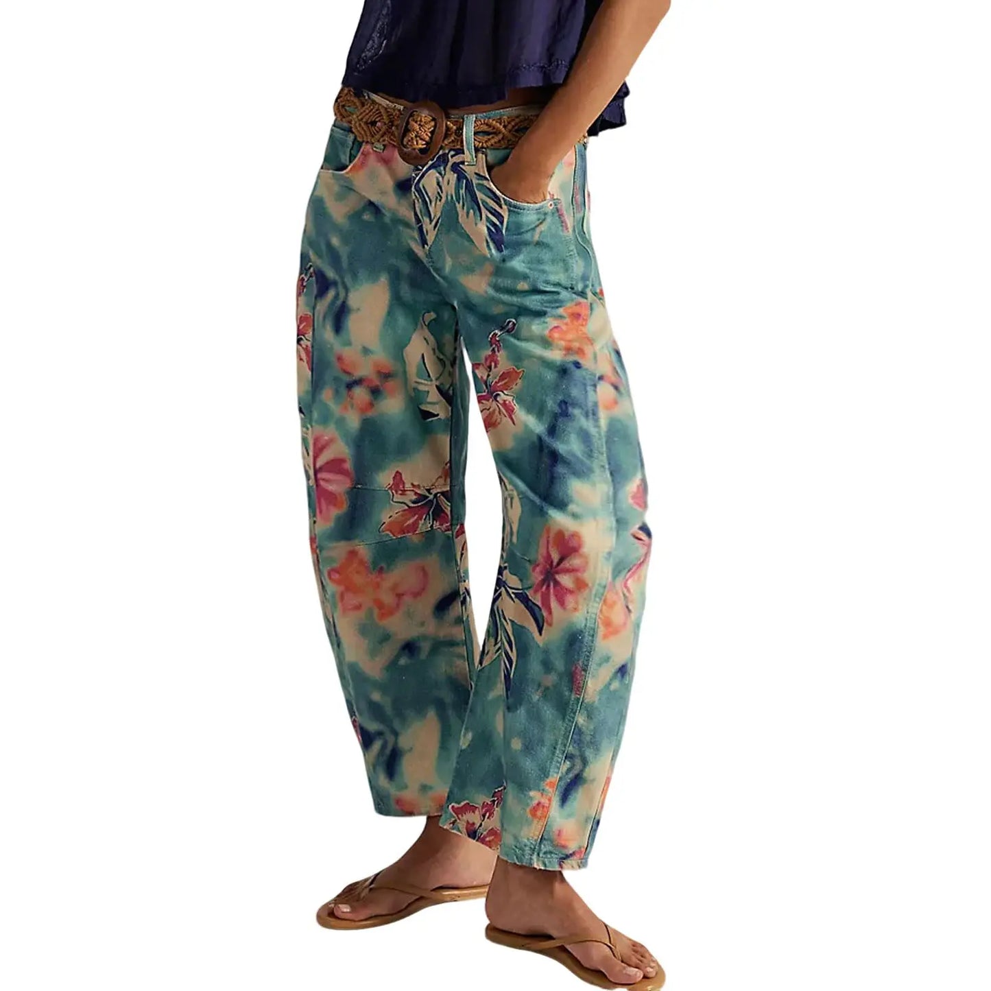 CHOUYATOU Women's Printed Wide-Leg Jeans Y2k Loose Mid-Rise Jeans in Soft Pink with Boho Floral Pattern Casual Denim Trousers - Seldom Seen Styles
