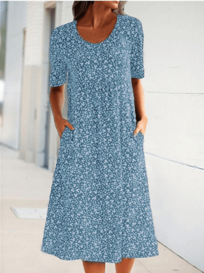 Summer round neck short sleeve flower sleeve midi dress (8 colors with pockets)