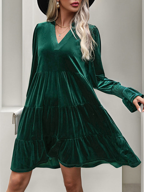 A-Line Long Sleeves Pleated Solid Color Velvet V-Neck Mini Dresses - Seldom Seen Styles