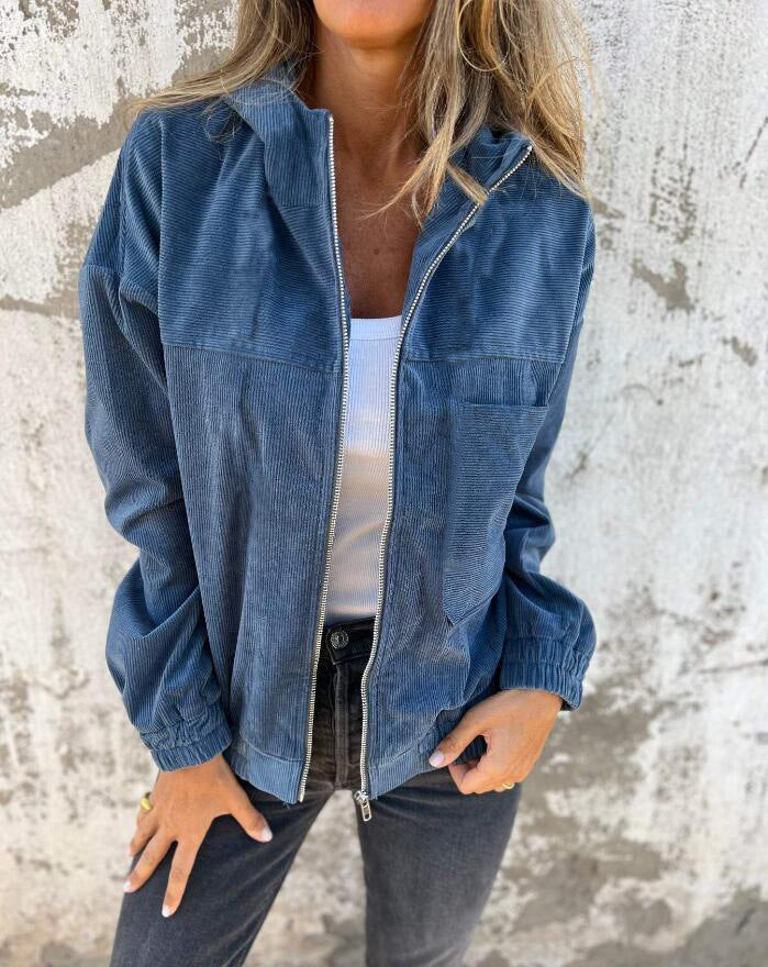Corduroy Drawstring Hooded Pocket Zip Up Jacket Loose Shacket Coat - Seldom Seen Styles