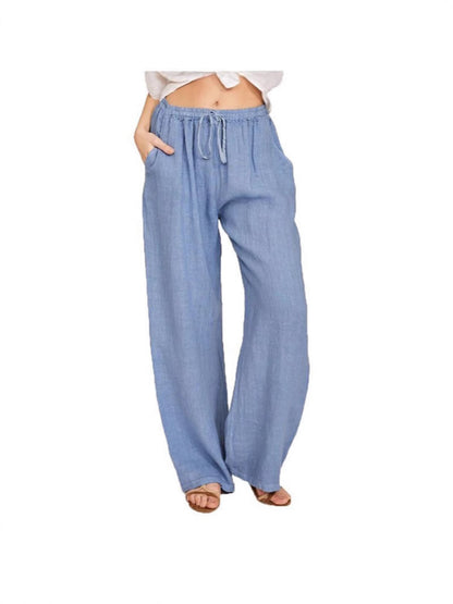 Women's Casual Wide Leg Elastic Waist Loose Lightweight Summer Linen Beach Pants Drawstring