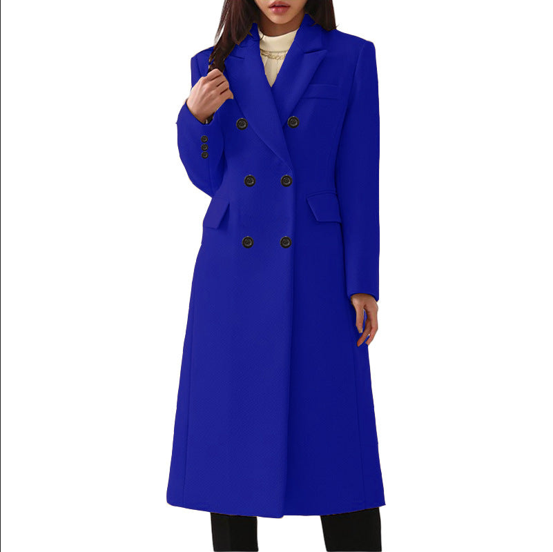 Women's Notch Lapel Double Breasted Wool Blend Mid Long Pea Trench Coat