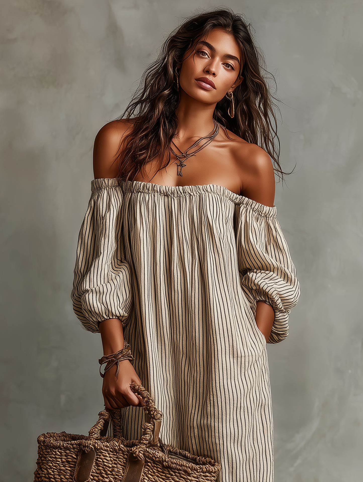 Women's Loose Cotton-Linen Off-Shoulder Long Sleeve Maxi Dress - Seldom Seen Styles