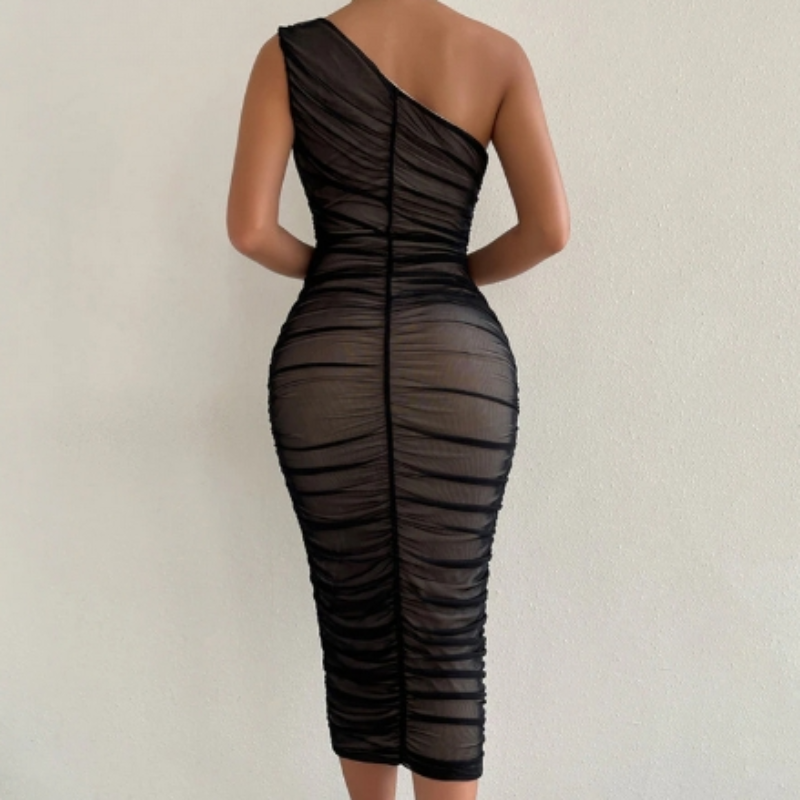 Double Layer Ruched Mesh Midi Dress - Seldom Seen Styles