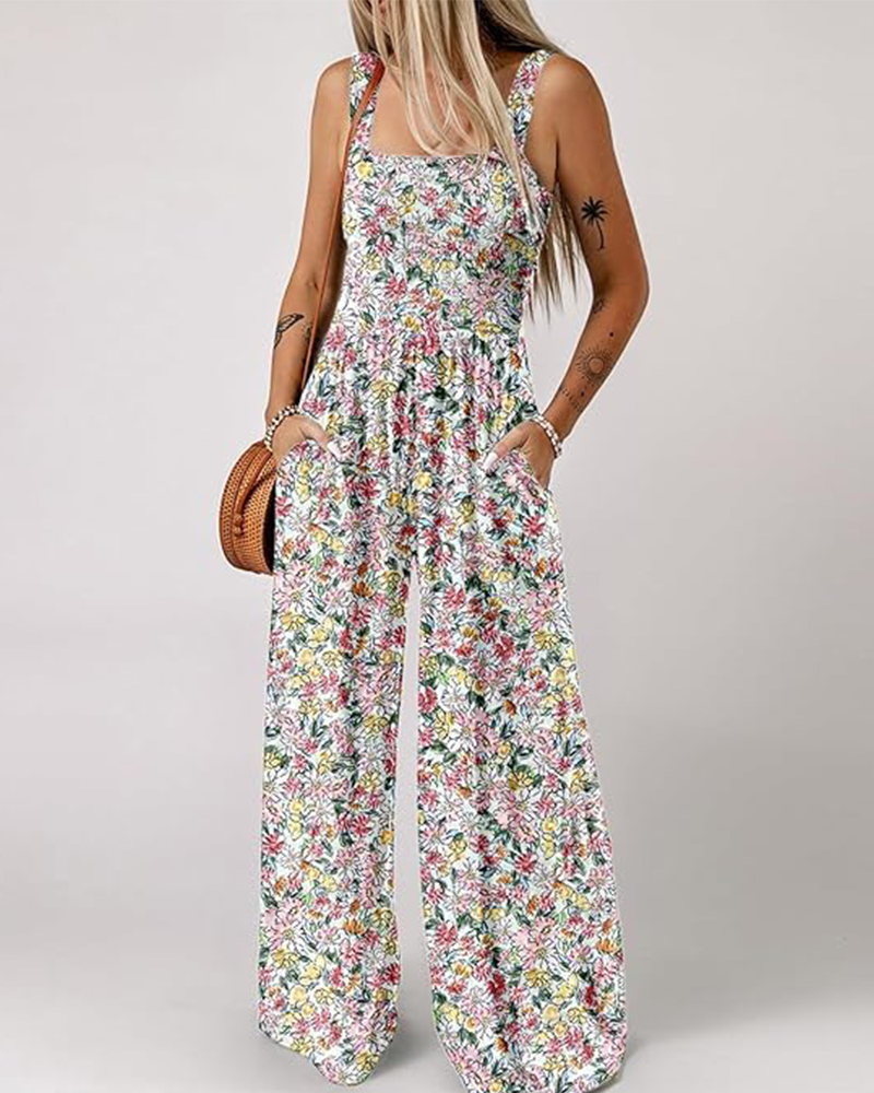 Women's Floral Smocked Wide-Leg Jumpsuit – Sleeveless Summer Romper with Pockets - Seldom Seen Styles