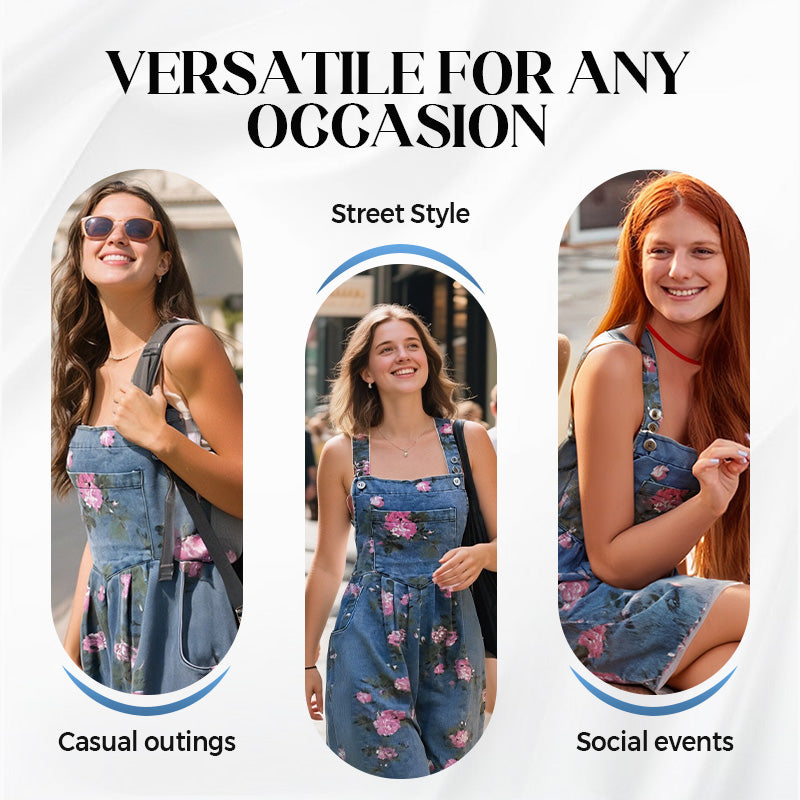 Women Casual Denim Bib Shorts Overalls Sleeveless Adjustable Straps Wide Leg Boho Floral Printed Baggy Rompers - Seldom Seen Styles