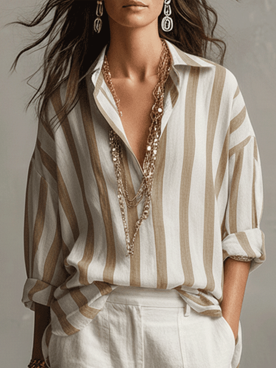 Casual Striped Cotton And Linen Long-Sleeved Shirt - Seldom Seen Styles