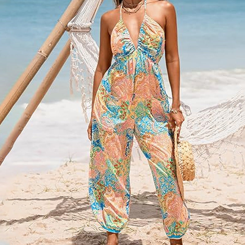 Women's Halter Neck Jumpsuit Deep V Backless Loose Fit Wide Leg Summer Beach Outfit - Seldom Seen Styles