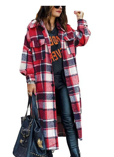 Women's Casual Wool Blend Long Plaid Shirt Jacket Button Down Pocketed Shirt Shacket