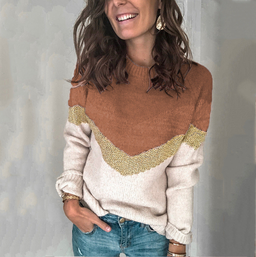 Color Contrast Patchwork Sweater Autumn  Winter New   Pullover round Neck Raglan Sleeves Sweater for Women