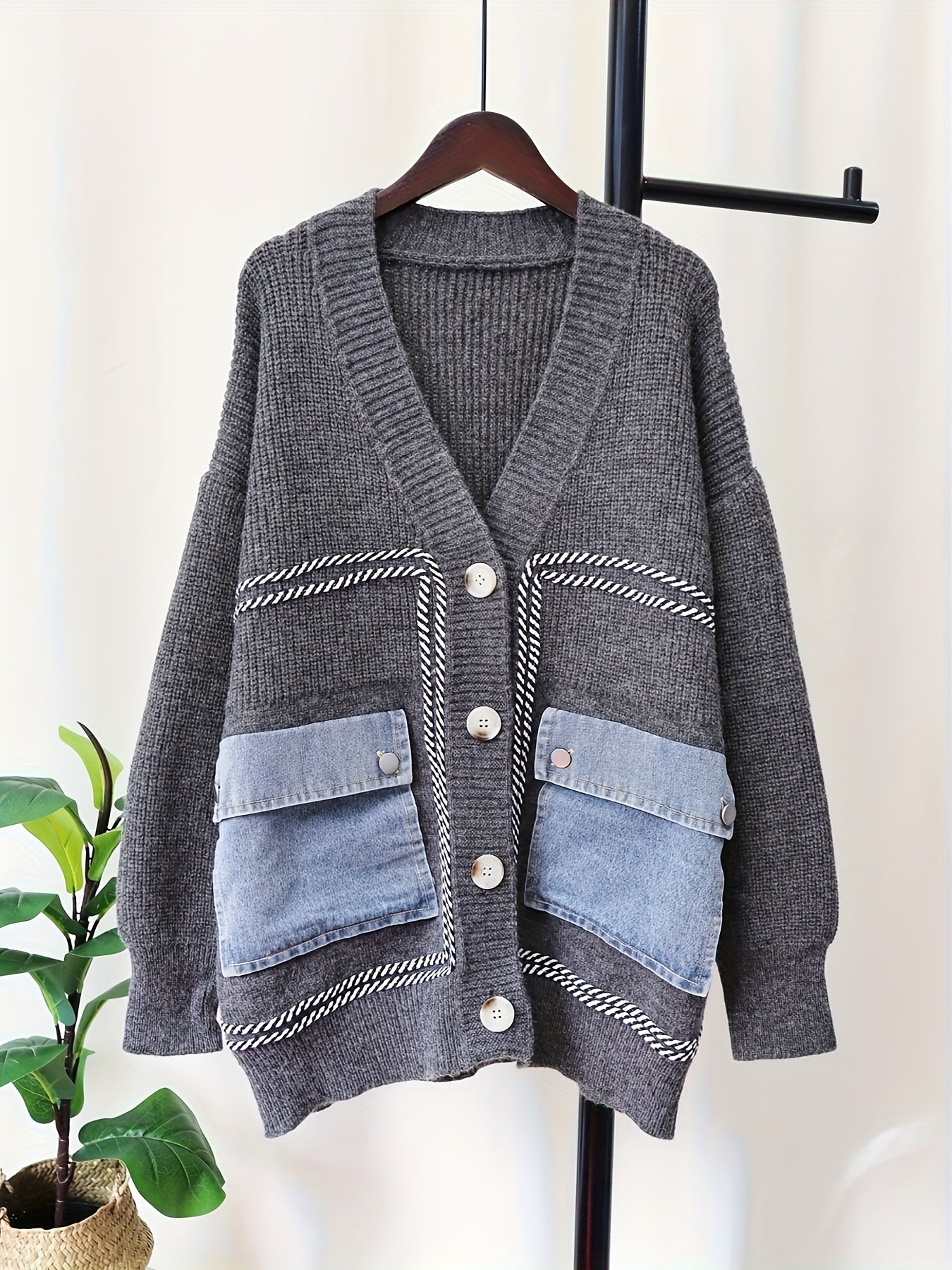 Color Block Flap Pocket Knitted Cardigan, Casual Button Front V Neck Long Sleeve Drop Shoulder Cardigan, Women's Clothing