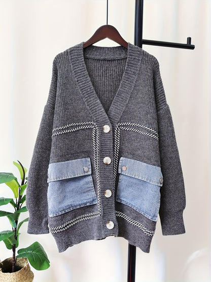 Color Block Flap Pocket Knitted Cardigan, Casual Button Front V Neck Long Sleeve Drop Shoulder Cardigan, Women's Clothing