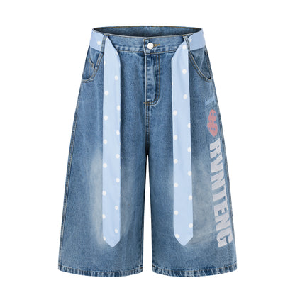 Women's I Love RVNTENG Letter Print Polka Dot Tie Wide Leg Denim Shorts High Waist Casual Streetwear Jean Shorts