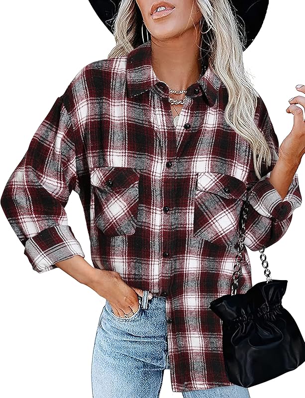 BTFBM Women Shacket Jacket Long Sleeve Button Down Casual Plaid Flannel Shirts Loose Fall Spring Blouses Tops