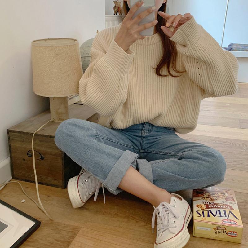 Women's Korean-Style Solid Color round Neck Sweater2023Autumn Idle Style Loose Pullover Base Knitwear Top Fashion