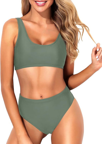 Women Two Piece Scoop Neck Bikini Crop Top Swimsuit Sporty High Waisted Bathing Suit - Seldom Seen Styles