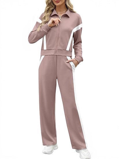 Women's 2 Piece Lounge Outfits Zip Up Sweat Set Contrast Striped Wide Leg Jogging Pants Travel Track Suit