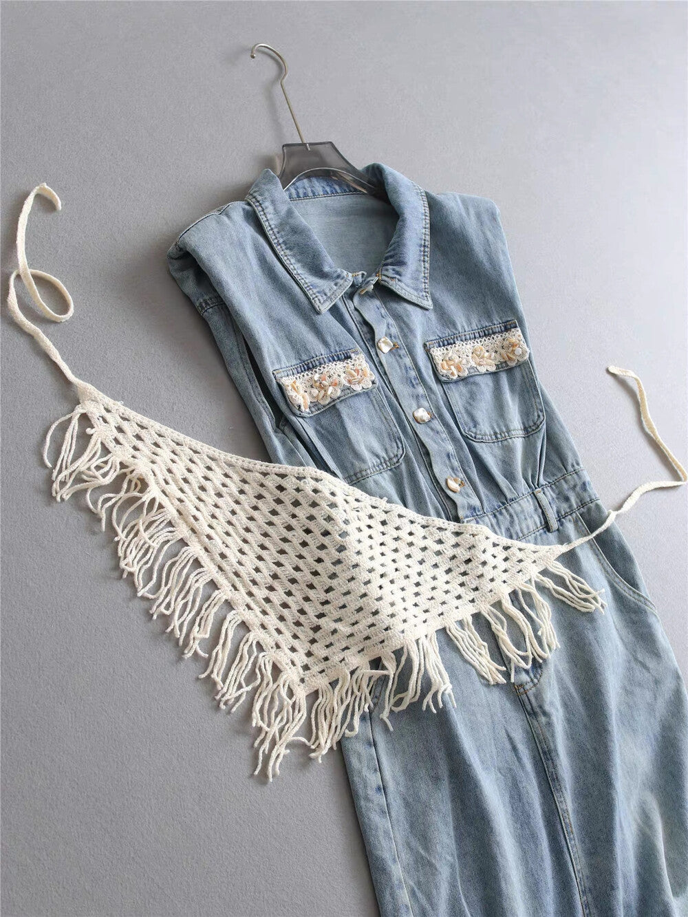 Women's Light Blue Washed Denim Sleeveless Lapel Collar Pearl Button Maxi Dress Lace Floral Chest Pockets Elastic Waist with Free Woven Tassel Waist Accessory S M L XL - Seldom Seen Styles