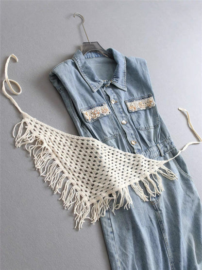 Women's Light Blue Washed Denim Sleeveless Lapel Collar Pearl Button Maxi Dress Lace Floral Chest Pockets Elastic Waist with Free Woven Tassel Waist Accessory S M L XL
