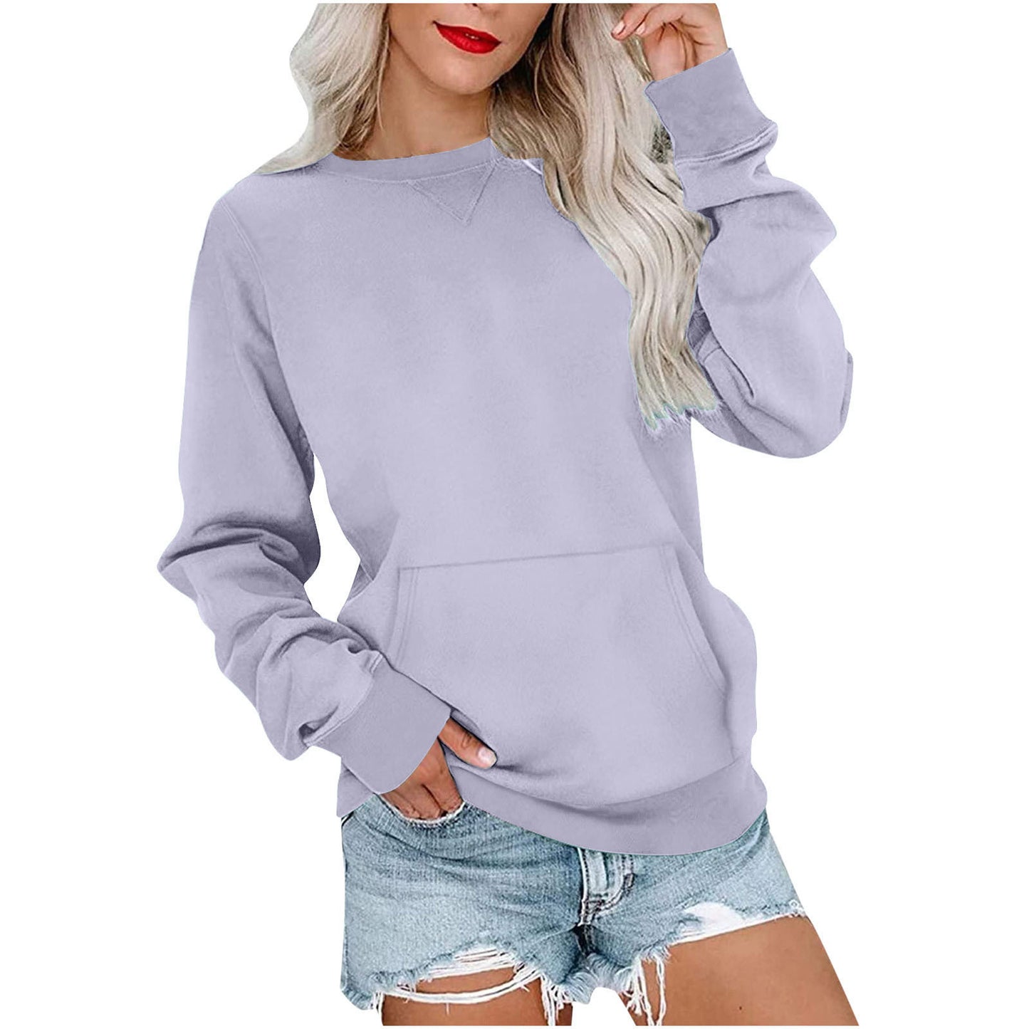 Women's Crewneck Hoodless Sweatshirt With Kangaroo Pocket Fleece Longsleeve Oversized Casual Style Shirt Lightweight Pullover - Seldom Seen Styles